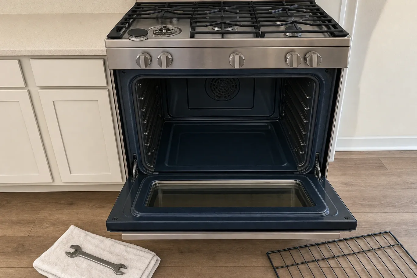A slide-in stainless gas range with its oven door fully open, showing the empty cavity and the round convection fan cover on the rear wall, with a rack and an open-end wrench on the floor
