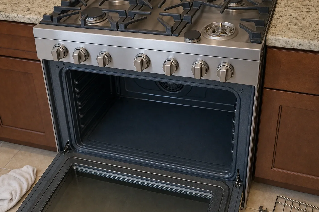 A gas range with one burner stripped to its base so the electrode and orifice show, the cap and ring lifted away, and the oven door standing open below