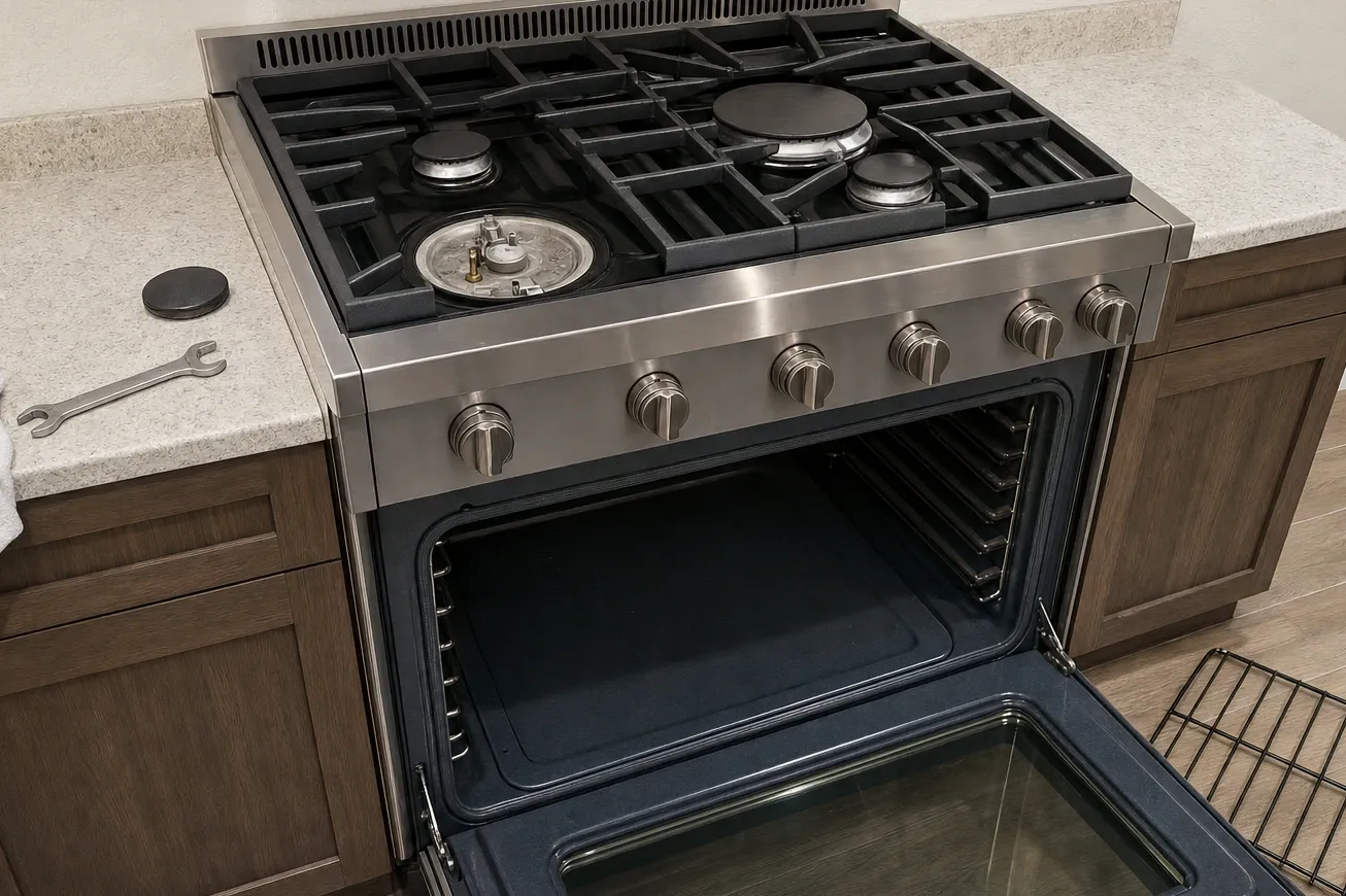 A wide stainless gas range with one burner opened down to its base, the removed cap resting on the countertop next to an open-end wrench