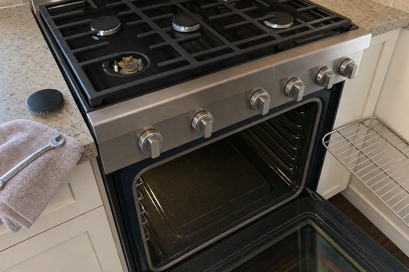 Looking down onto a gas cooktop where one burner has been stripped out of its well, leaving the brass orifice and the electrode exposed, the cap set aside on the countertop