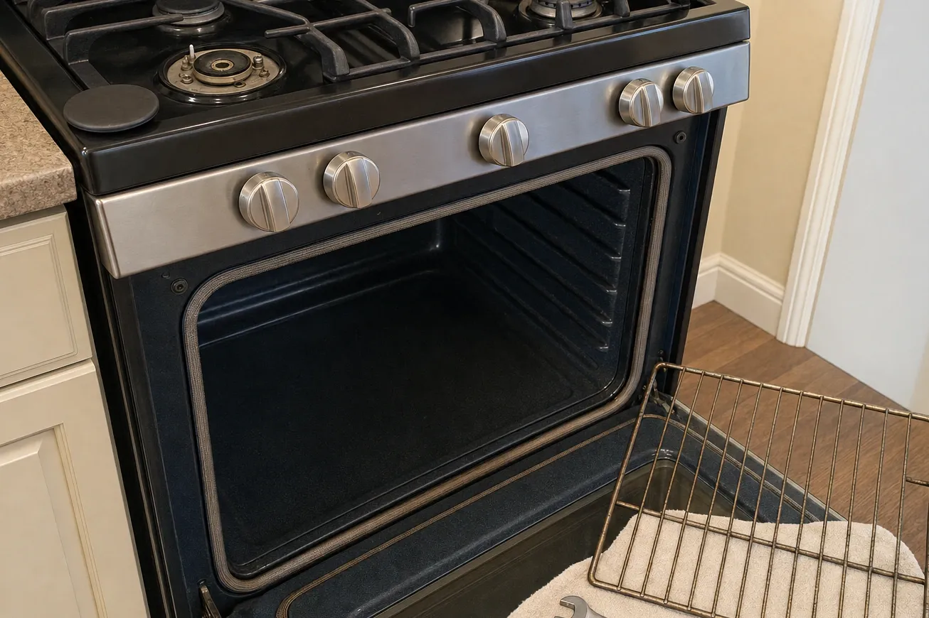 An open oven cavity with the braided door gasket running the full way around the opening, a burner above with its cap removed, and a rack resting half-out on a towel