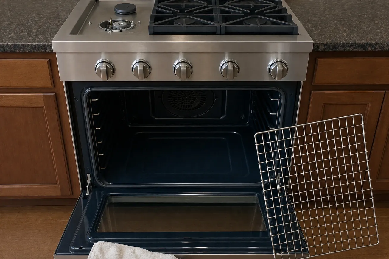 A professional stainless gas range photographed straight on with its oven door open, rack rails and the round convection fan cover visible inside, and a wire rack propped against the cabinet